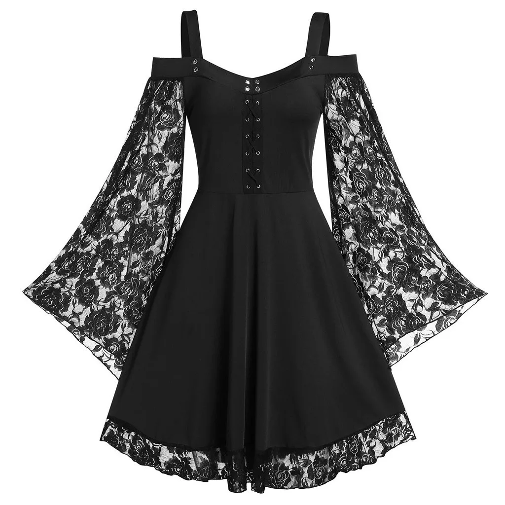 

Women's Black Burgundy Gothic Lace Flare Sleeve Webbing Rose Lace Large Hem Knitted Medium Length Dress Summer Short Dresses
