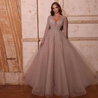 sevintage long tulle prom dresses long sleeves v neck crystal sequined beading a line evening dress wedding party gown 2022