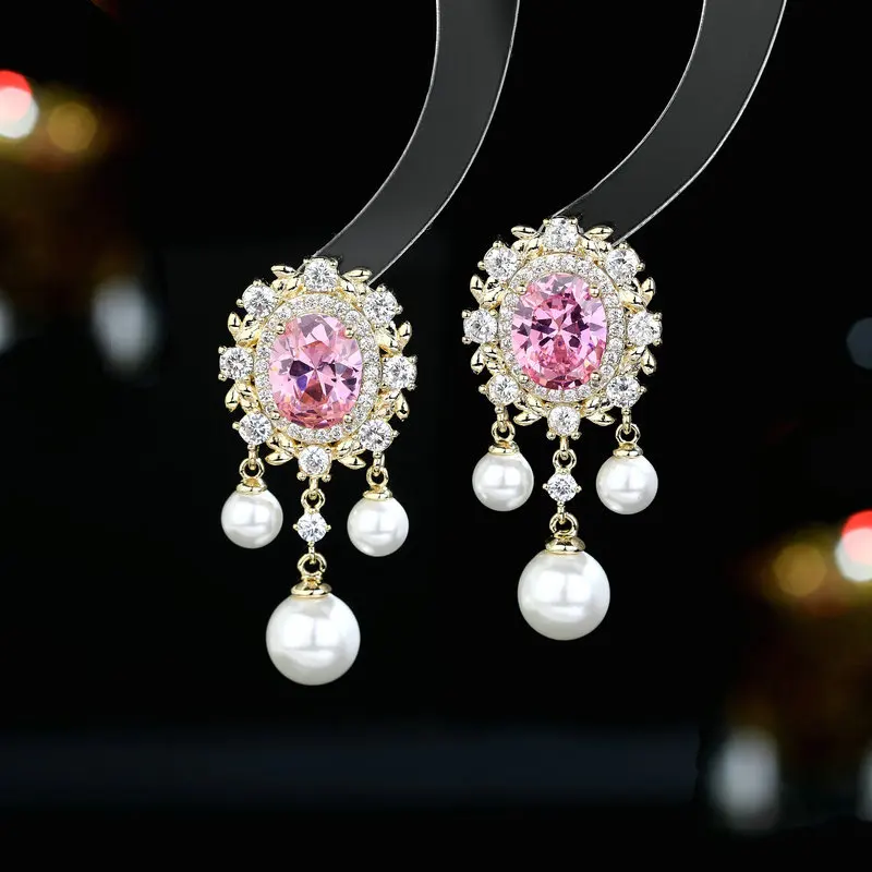 

S925 Silver Needle High Sense Dangle Earrings French Palace Style Elegant Temperament Oval Zirconia Inset Pearl Tassel Earrings