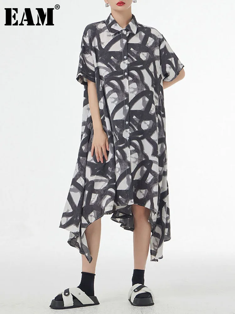 

[EAM] Women Black Print Irregular Big Size Midi Dress New Lapel Short Sleeve Loose Fit Fashion Tide Spring Summer 2023 1DF9378