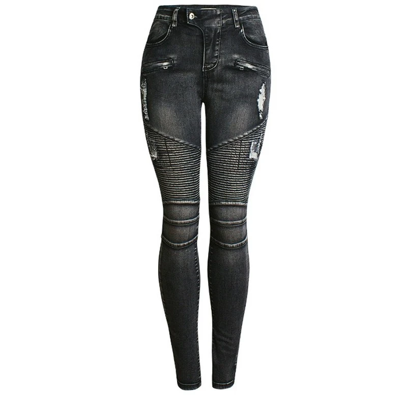 Black Women Hole Slim Elasticity Pencil Jeans Locomotive Style Cool Fashion Mid-Waist Bleached Ripped Denim Pants Punk Trousers