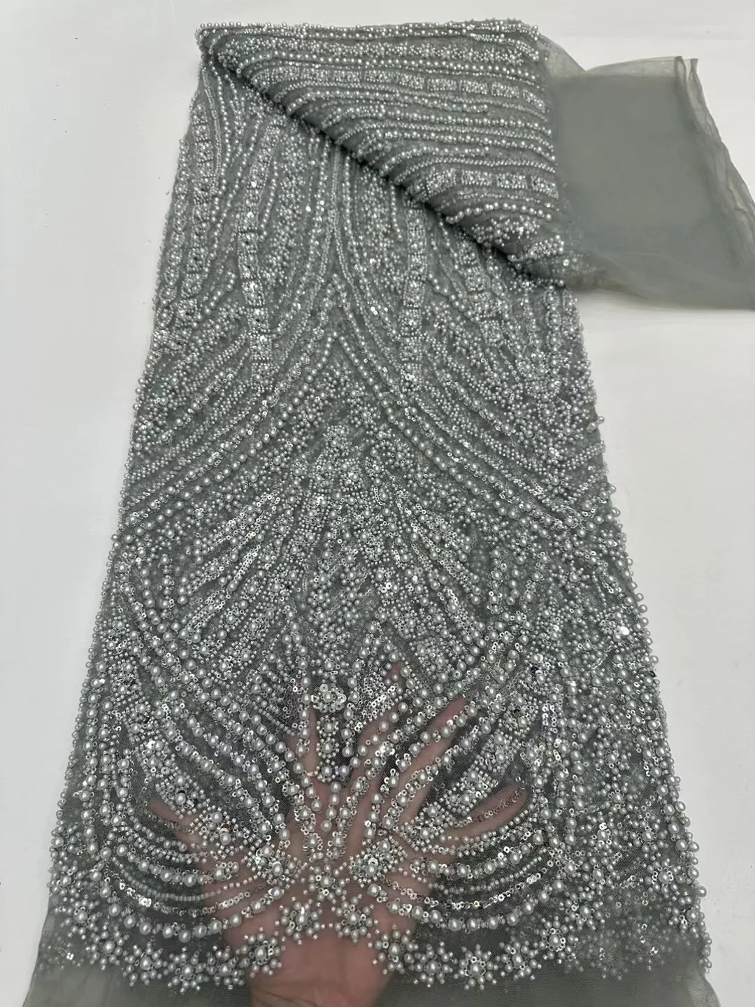 Высококачественная кружевная ткань с бисером для свадебной ткани белое