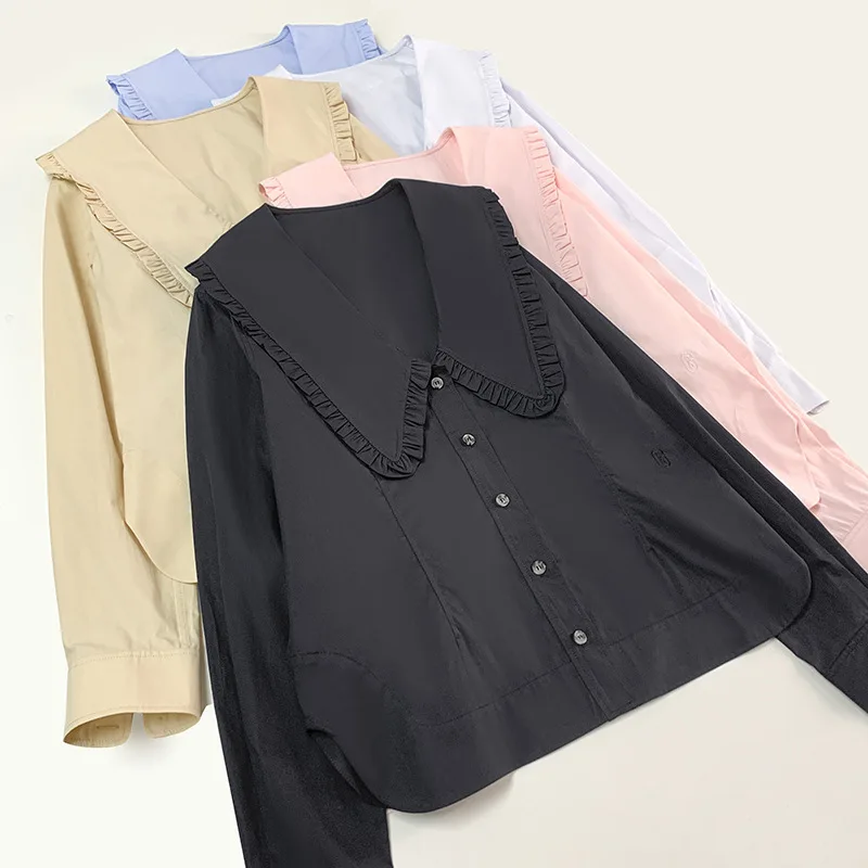 

Women Long Sleeve Shirt Cotton Peter Pan Collar Simple Top Single Breasted Female 5 Color Blouse New 2022 Spring