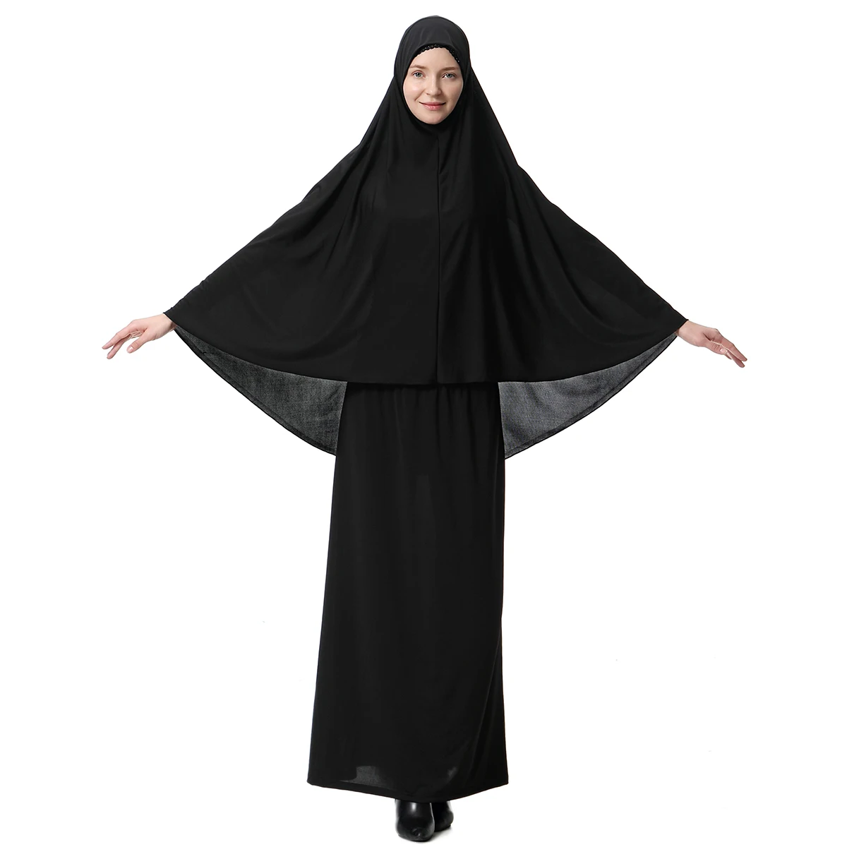 

Muslim Women Solid Color Long Hijab Tube Dress Suit Four Seasons Wear Arab Middle Eastern Lady Hooded Abaya Skirt Set T9001