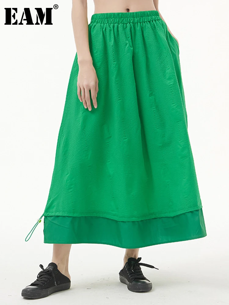 

[EAM] High Elastic Waist Green Hem Drawstring Long Casual Half-body Skirt Women Fashion Tide New Spring Autumn 2022 1DE6354