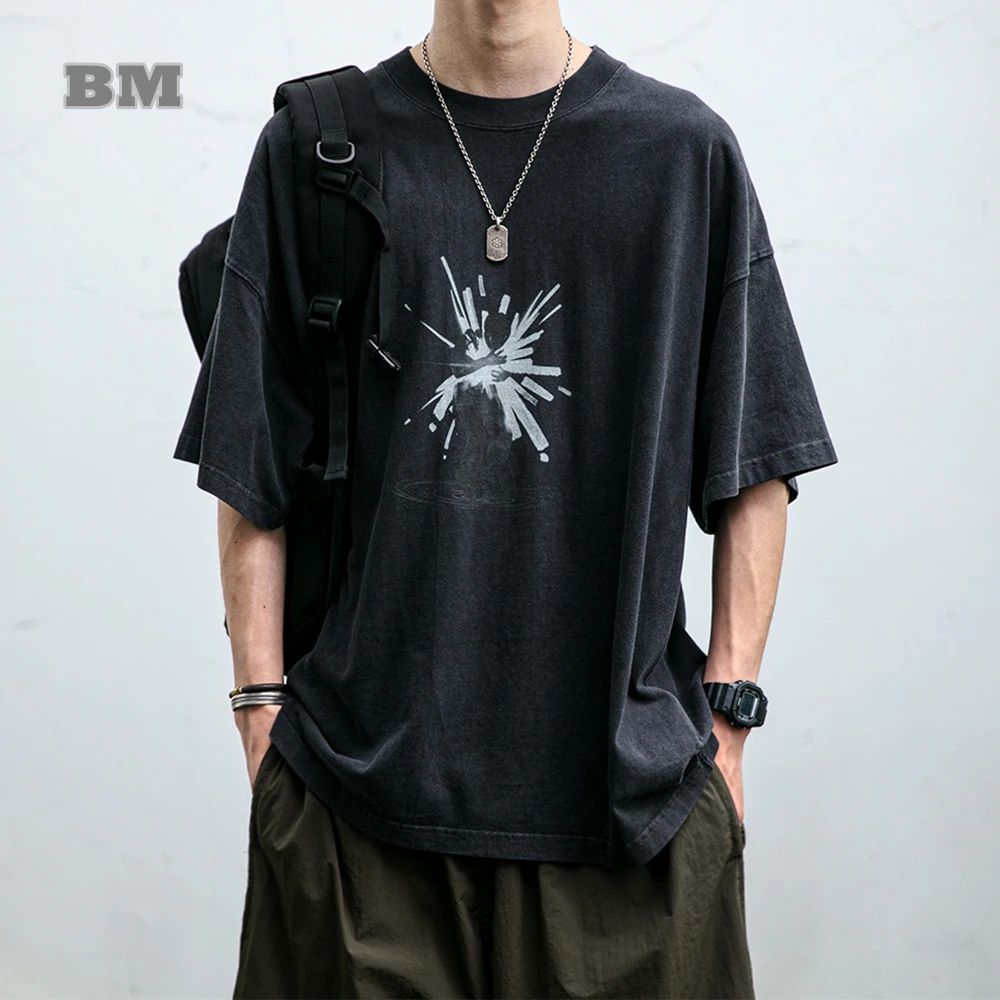 

Summer Korean Trendy Print O-Neck T-Shirt Men Clothing Harajuku Casual Short Sleeve Tee Streetwear Loose Cotton Tops Male
