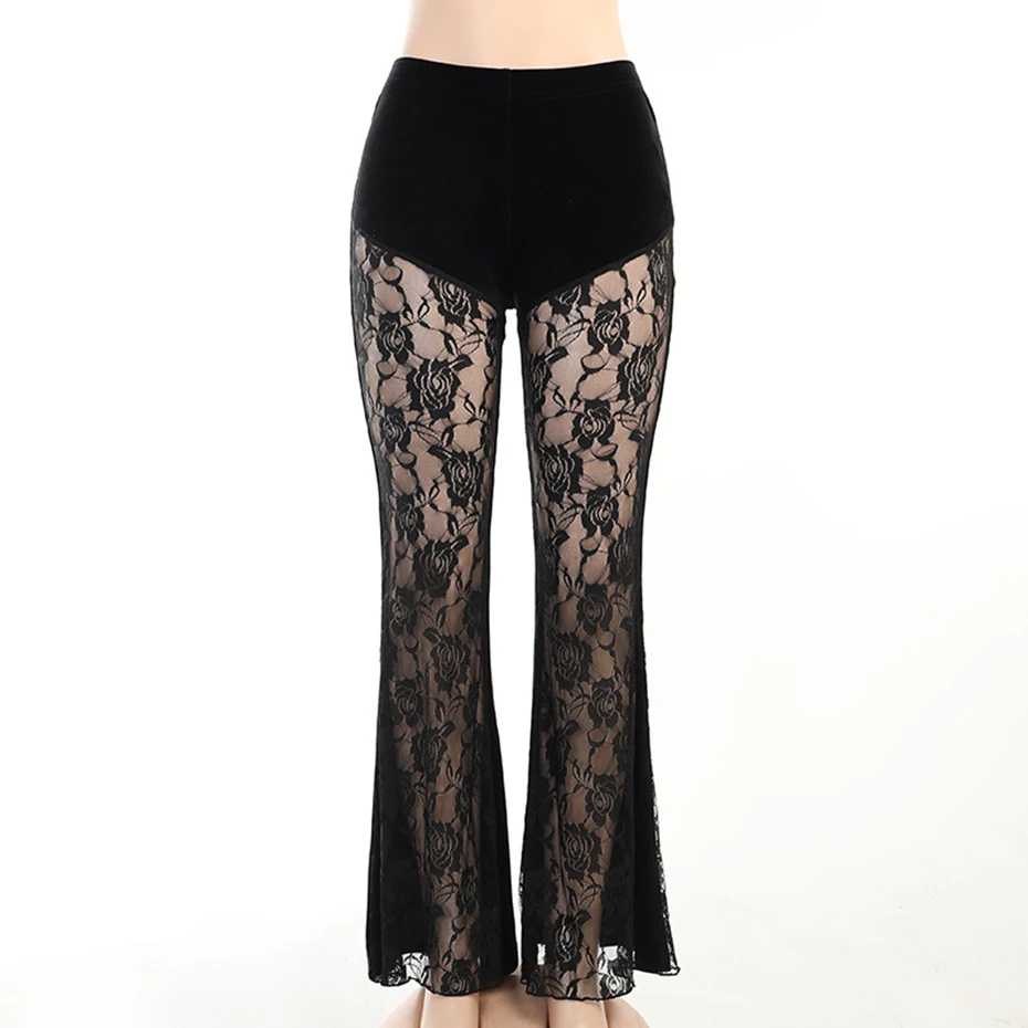 

Женские кружевные брюки-клеш Goth в стиле панк, прозрачные черные свободные брюки с цветочным кружевом, женские модные брюки с высокой талией, Y2K