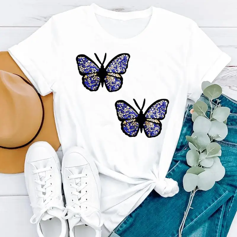 

2021 Summer Butterfly New Trend Cartoon Beach Short Sleeve Women Fashion Clothes Print Tshirt Female Tee Top Graphic T-shirt