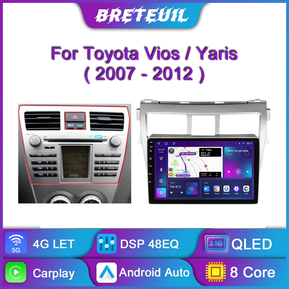 Для Toyota Vios Yaris 2007 2008 2009 210 2011 2012 Android Car Radio Multimedia Video Player GPS Navigation Carplay Touch Screen Auto Stereo WIFI