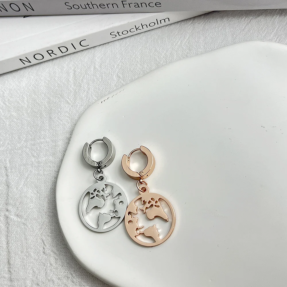

Golden World Map Hollow Earrings Stainless Steel World Pattern Drop Earrings for Women Luxury Charm Party Ear Studs