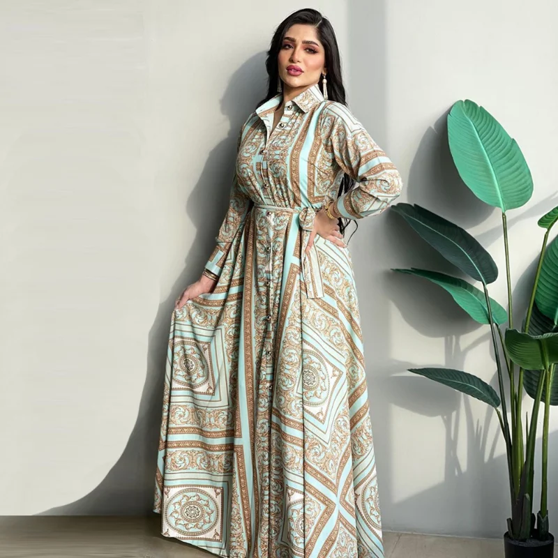 

Long Shirt Dress for Women Fall 2022 Vintage Ethnic Print Dubai Turkey Arabic Oman Morocco Middle East Muslim Clothes