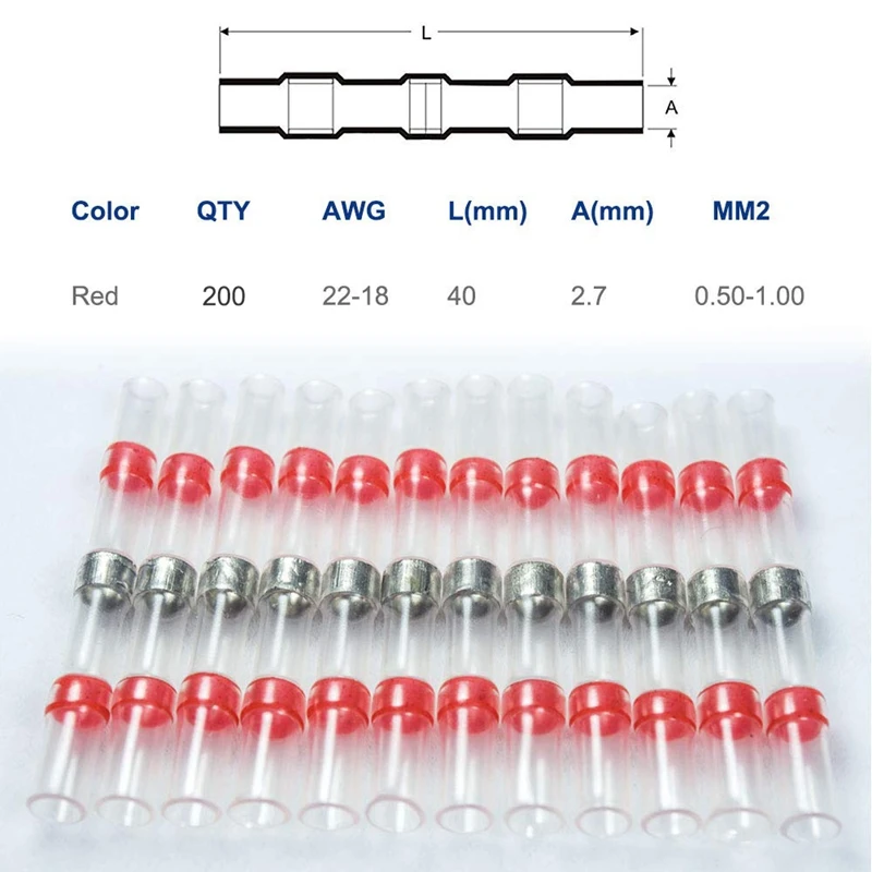 

400PCS 22-18 AWG Red Solder Seal Wire Connectors , Heat Shrink Butt Connectors, Waterproof And Insulated Wire Terminals