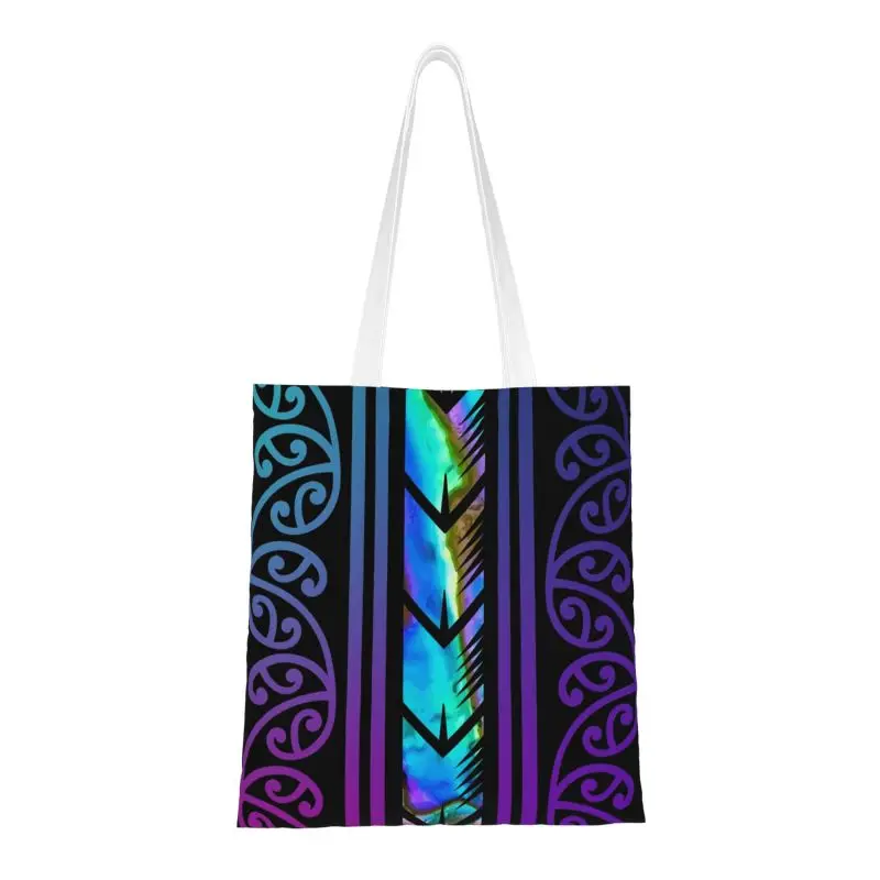 

Custom Purple Maoris Design With Inlayed Paua Shell Canvas Shopping Bag Women Reusable Grocery New Zealand Tote Shopper Bags