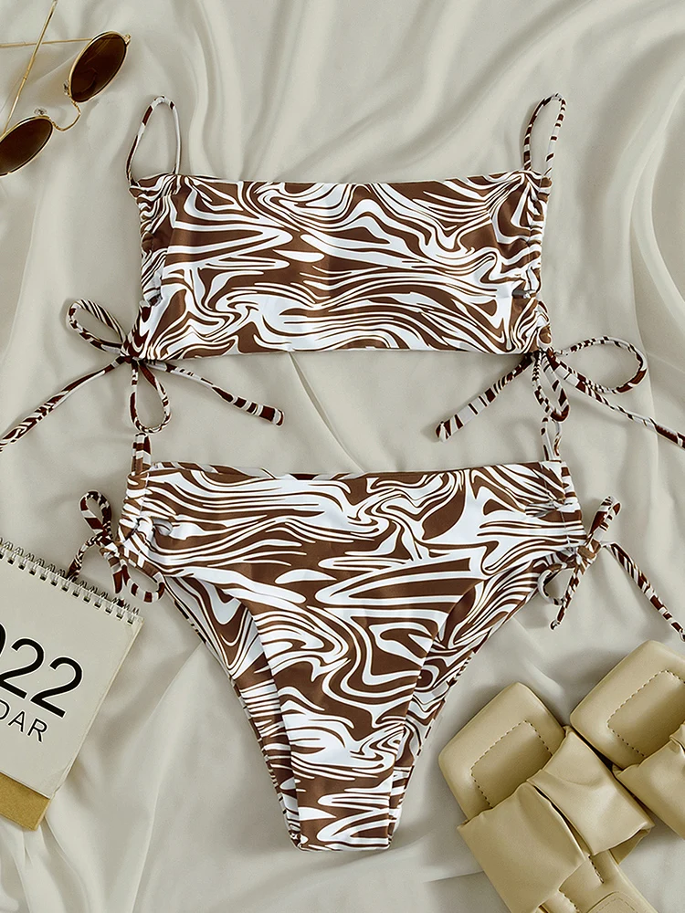 

Женский купальник, новинка 2022, женские коричневые полосатые комплекты бикини, купальник на шнуровке, пляжная одежда с высокой талией, купал...