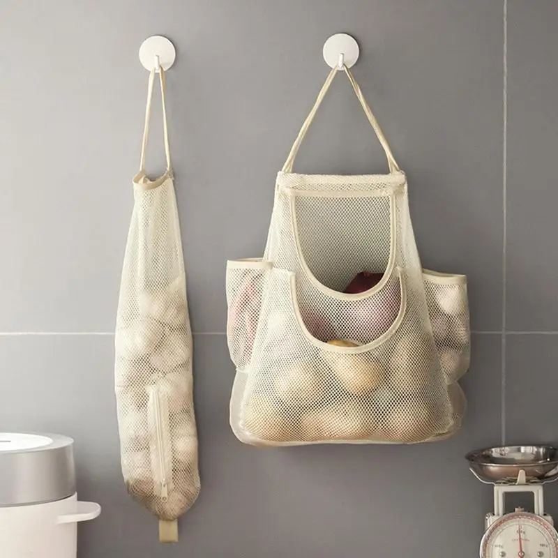 

Wall Mount Kitchen Hanging Mesh Bag Home Fruit And Vegetable Storage Net Bag For Potatoes Onions Ginger Garlic Grocery Rack