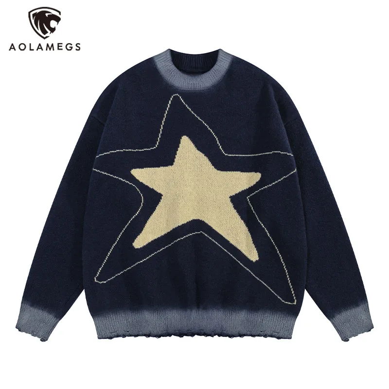

Уличная Одежда хит цвет звезда графический принт свитер для мужчин оверсайз круглый вырез ребристый рукав трикотажный пуловер зимний новый свитер для пары