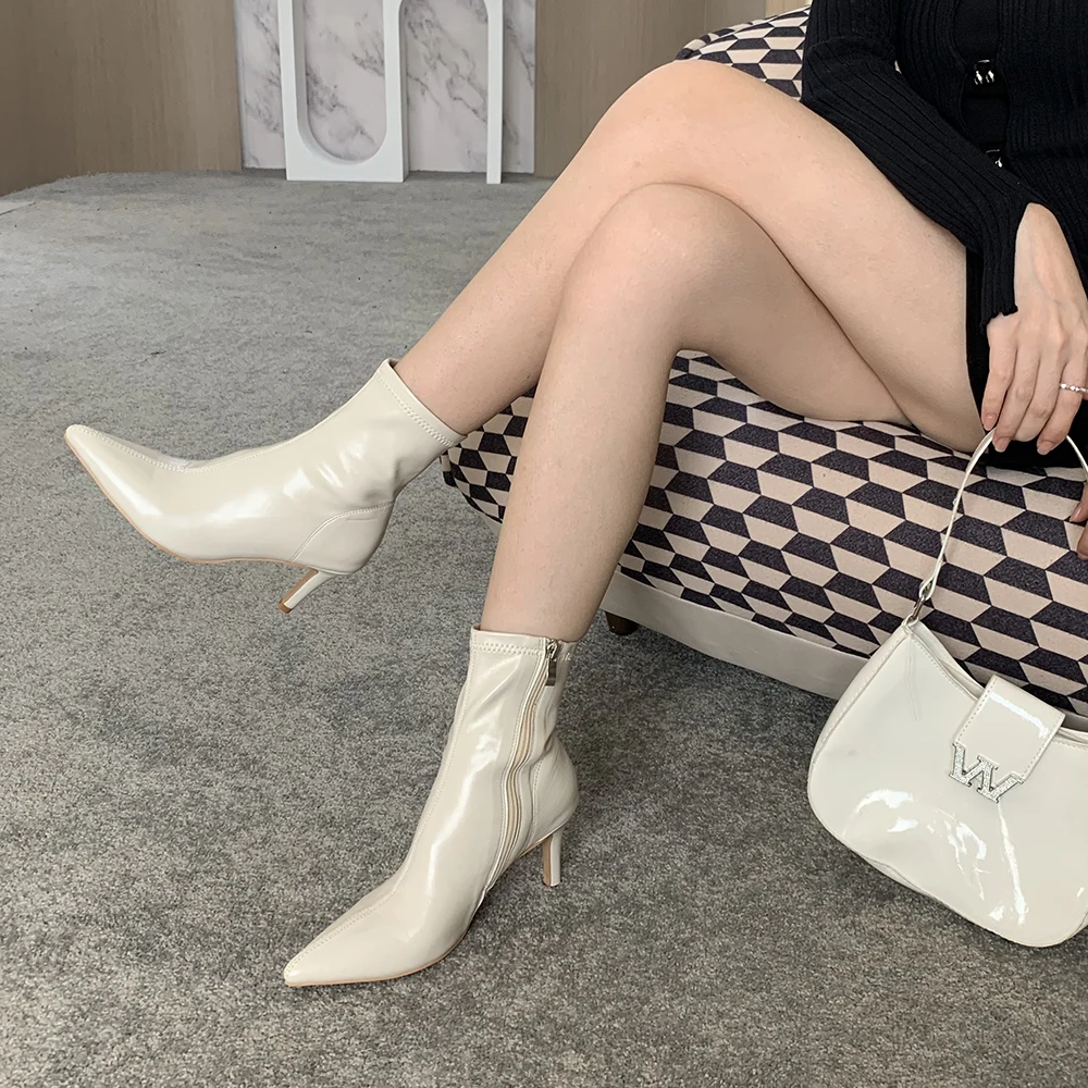 

Pointed Toe Women Ankle Boots Chelsea Booties Black White Beige Side Zipper Thin High Heels 2022 New Arrivals Party Pumps Botas