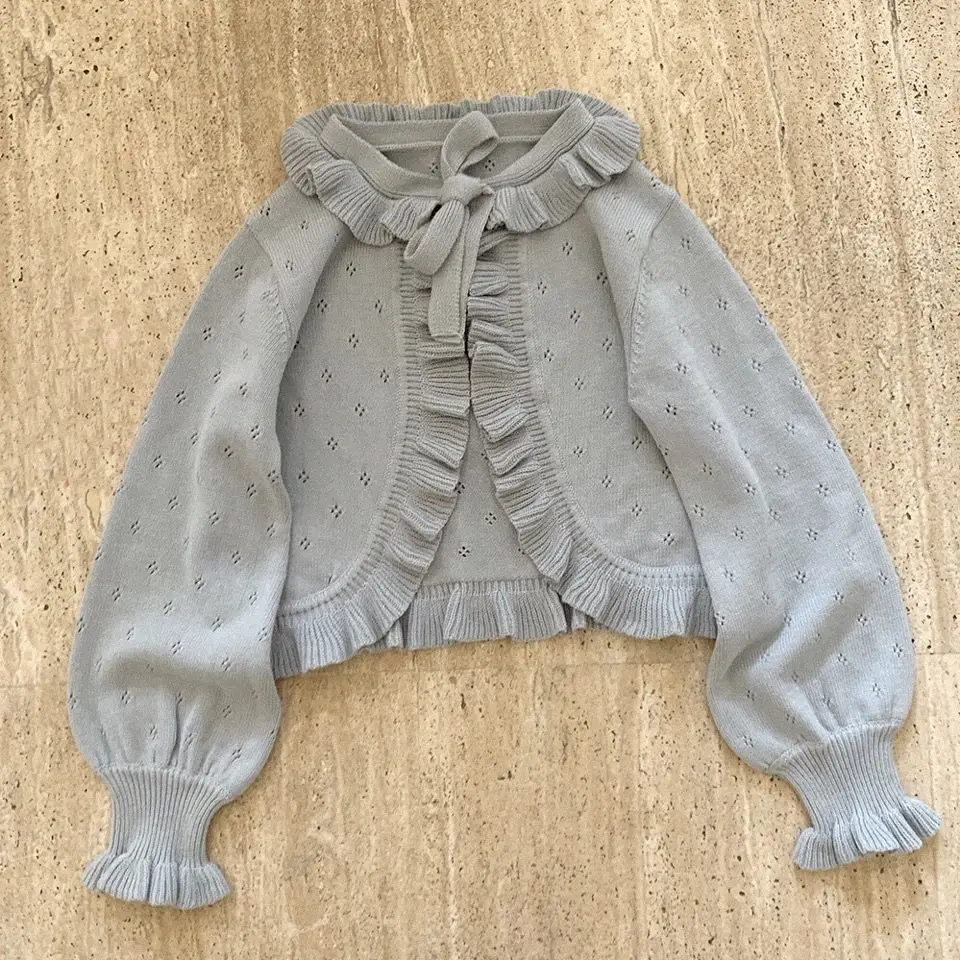 Женский трикотажный кардиган с кружевной завязкой и рукавами-фонариками