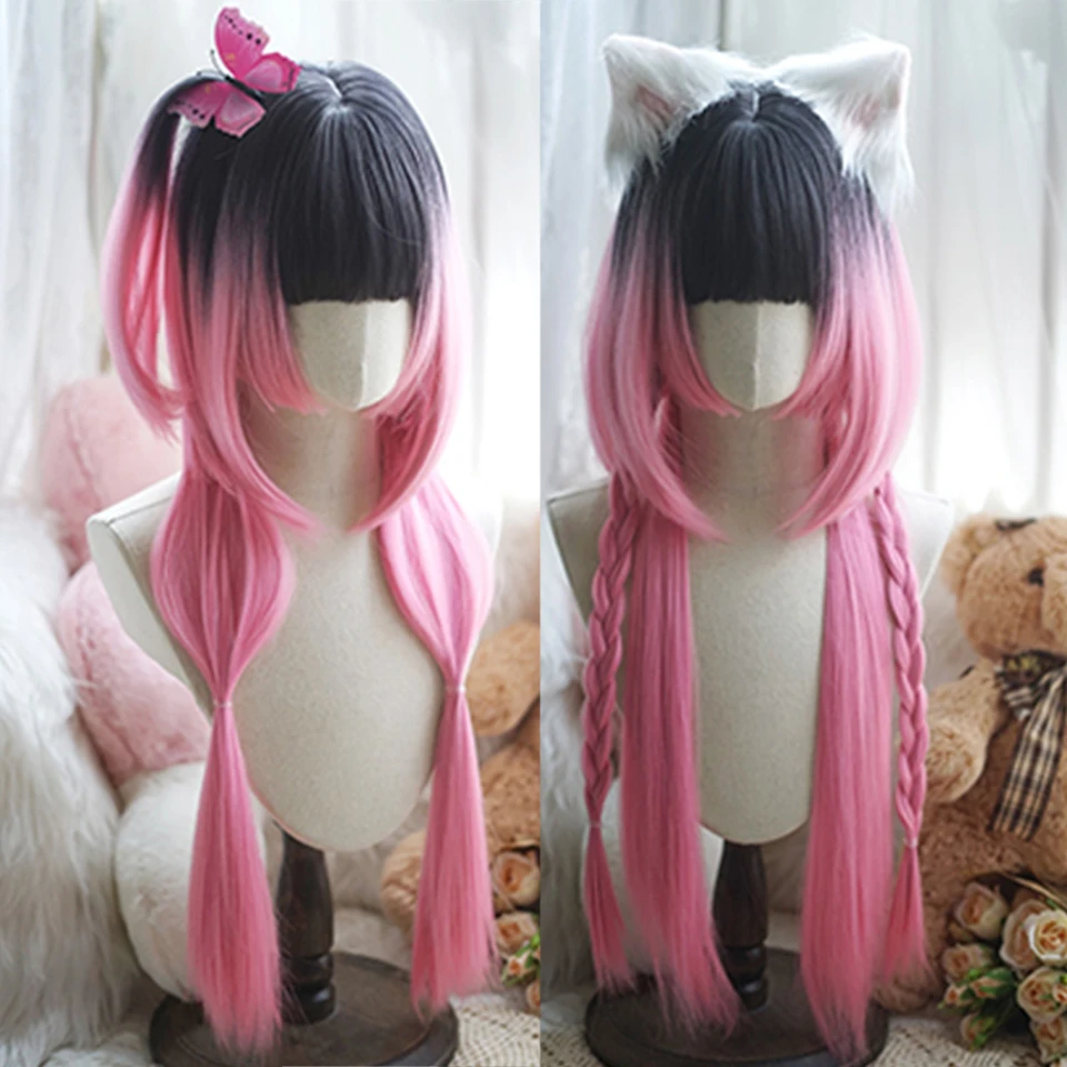 HOUYAN Synthetic Long Straight Hair Bangs Ladies Turquoise Black Pink Wig Lolita Cosplay Party Heat Resistant Wig