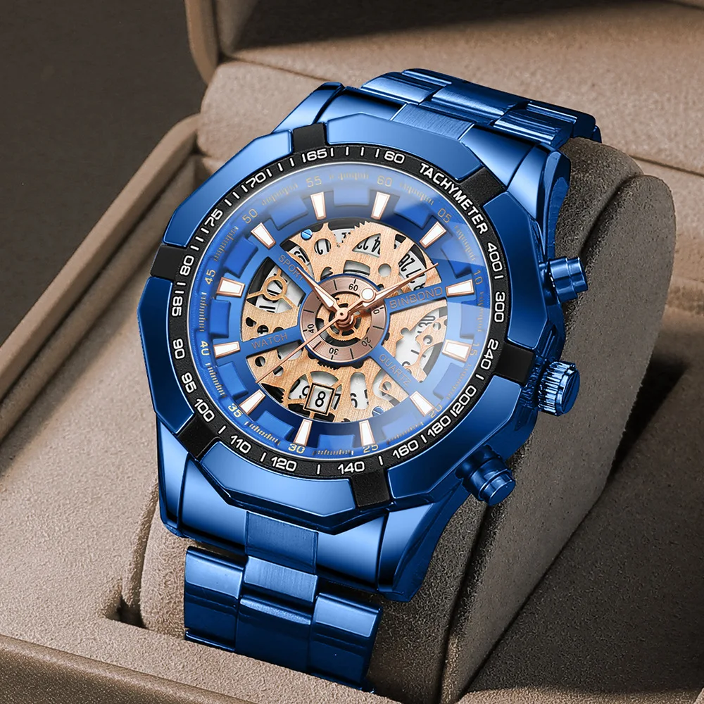 

Hollow out waterproof watch mechanical watch blue men's watch