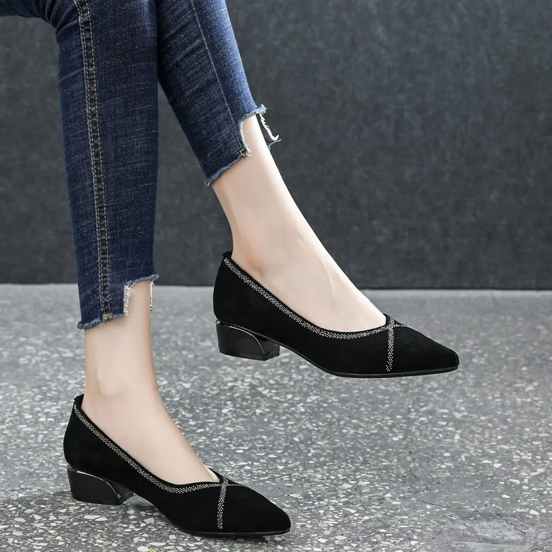 

Autumn New Women's Pionted Toe Heeled Shoes Fashion Shallow Light Slip on Chunky Heel Shoes for Women Dress Office Ladies Pumps