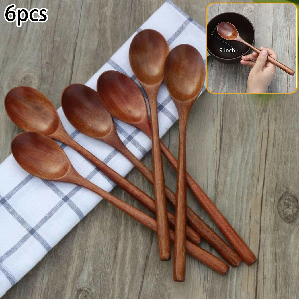 6 Piece Wooden Spoon Bamboo Kitchen Korean Style 9 '' Inch Natural Wood Soup  Tableware Cooking Honey Coffee Spoon Mixing Spoon