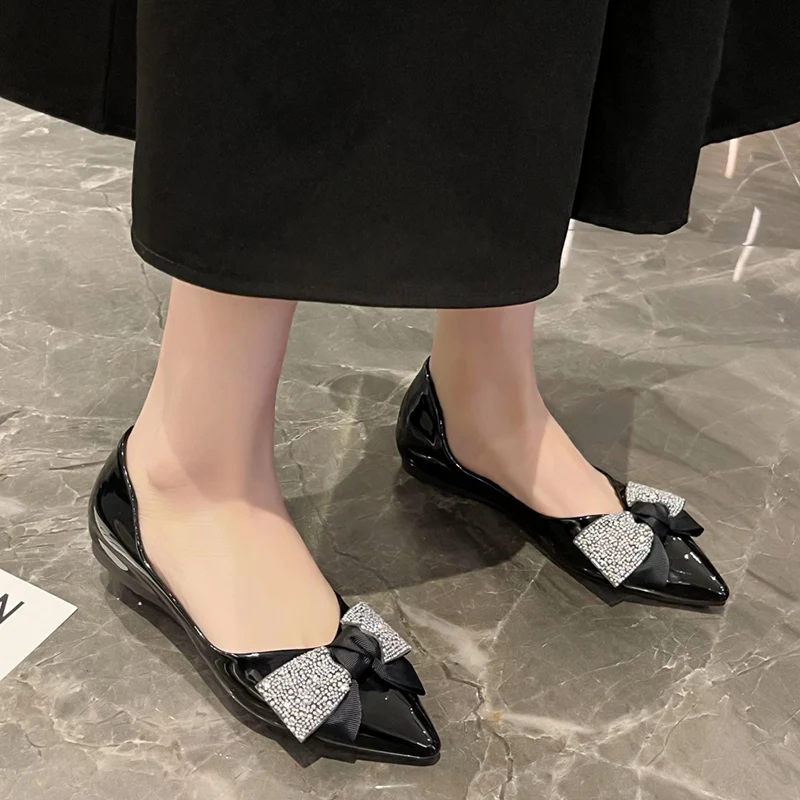 

Rimocy Pointed Toe Shining Crystal Flats Women 2022 New Summer Soft Sole Single Shoes Woman Patent Leather Shallow Office Shoes