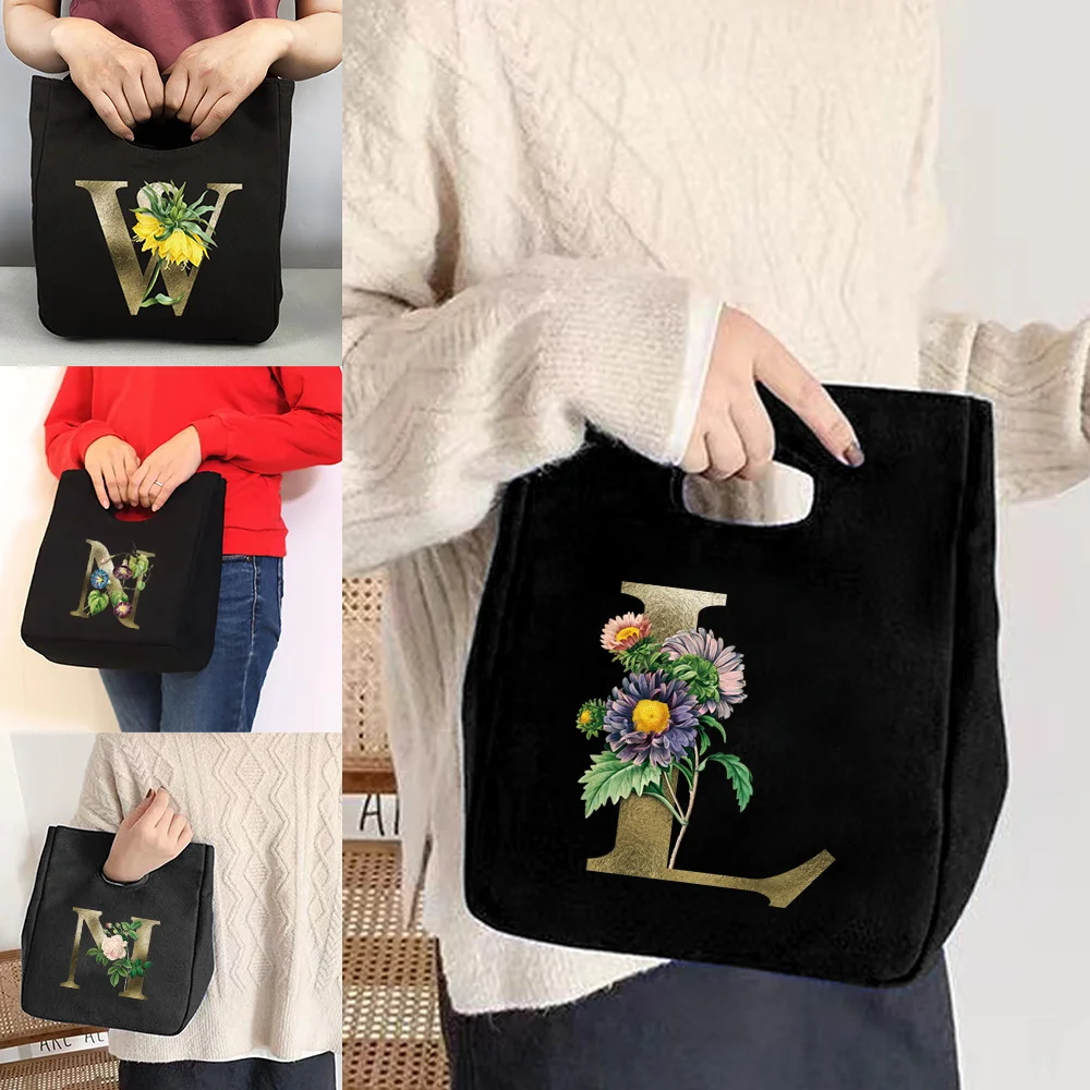 

Thermal Lunch Bags Women Child for 26 Letters Golden Flower Picnic Travel Portable Food Storage Breakfast Insulation Food Pack