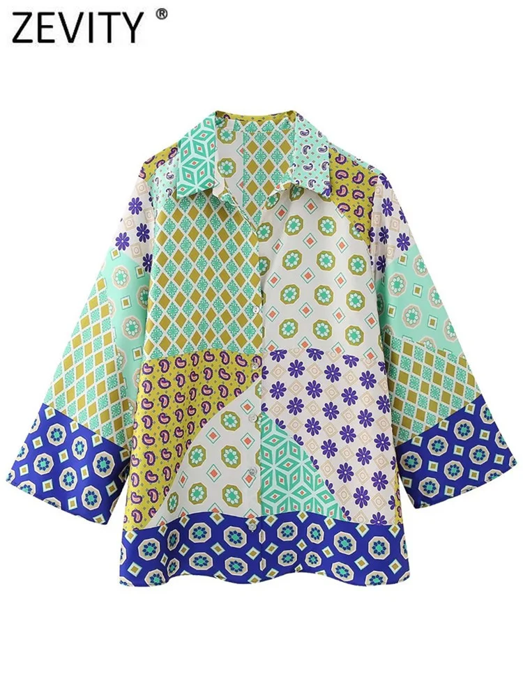

Zevity Women Vintage Cloth Patchwork Print Smock Blouse Female Three Quarter Sleeve Shirt Chic Kimono Chemise Blusas Tops LS3966