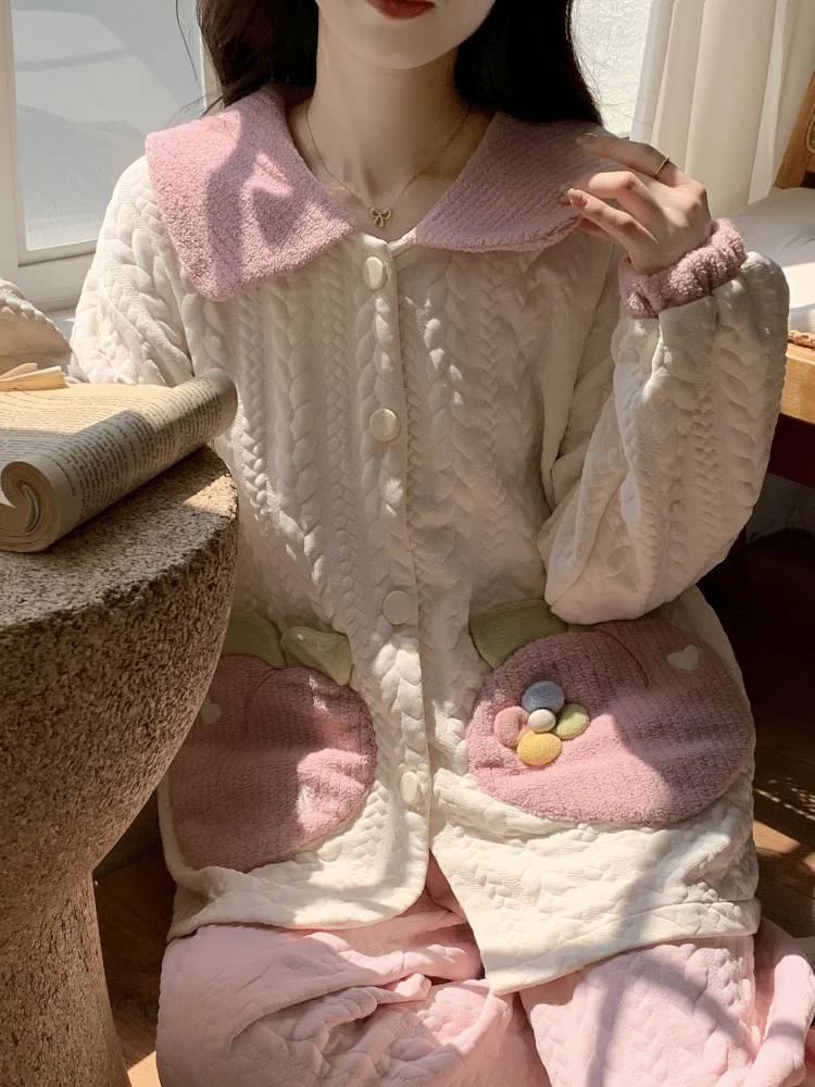 Пижамы женские осенние и зимние утолщенные сэндвич-воздушные хлопковые