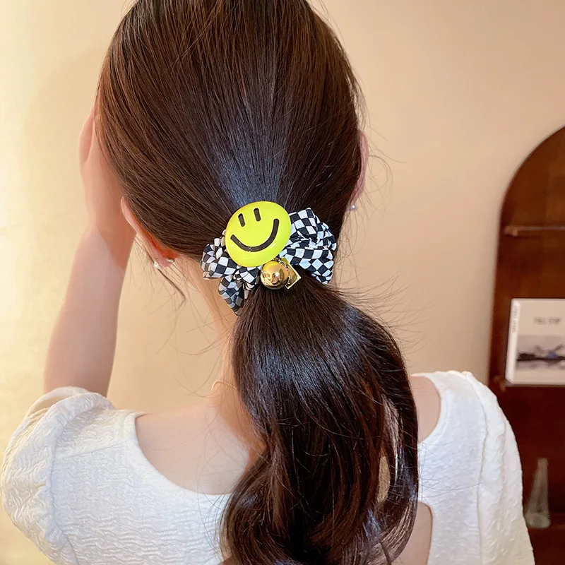 

Smiley Face Black And White Square Large Intestine Hairband Ins Style Small Fashion Versatile Lovely Headstring Retro Hair