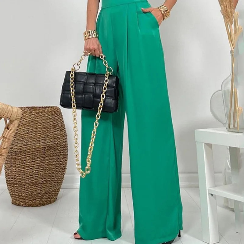 Summer New Women's Two Piece Fashion Solid Tank Top Sleeveless Long Loose Wide Leg Pants Suitable for Advanced Street Clothing