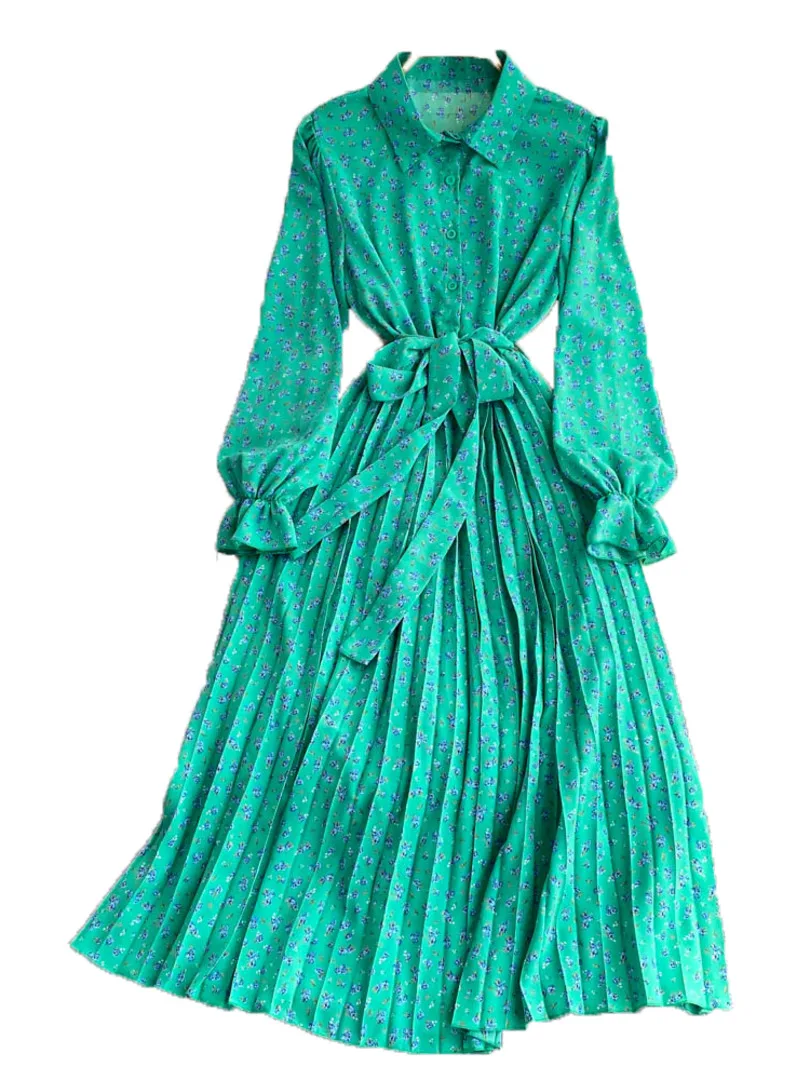 

Женское платье в винтажном стиле Foamlina, Осеннее однобортное плиссированное платье миди с отложным воротником и длинным рукавом, со шнуровко...