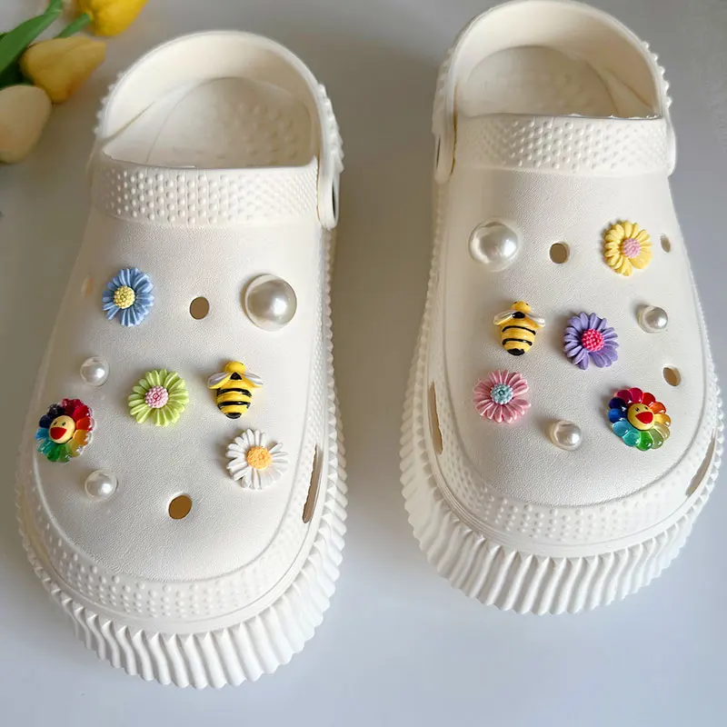 

Cute Colorful Bees Sunflowers Shoes Charms For Women Men Daisy Flowers Shoe Accessories Pack Vintage DIY Designer Boho Jewelry