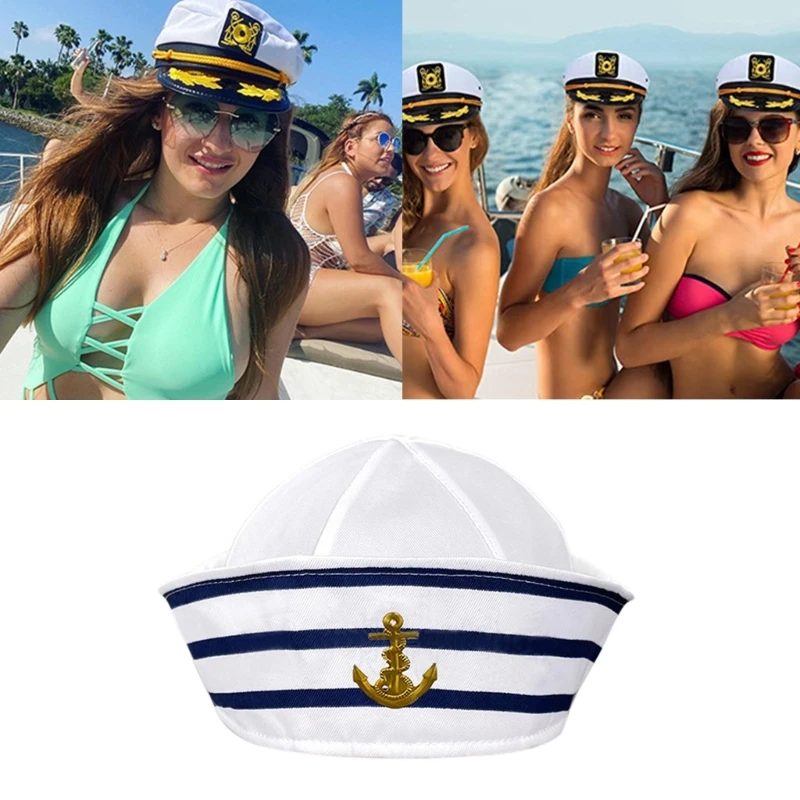 

Cosplay Sailor Hat with Anchor Print White& Blue Captain Navy Marine Hat for Woman Men Funny Cosplay Hat Accessories