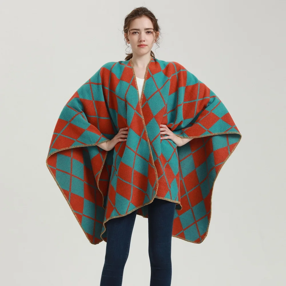 

130*150Cm Plain Solid Color Slit Shawl Women Classic Cashmere Cloak Winter Loose Warm Cardigan with Large Hem Wholesale