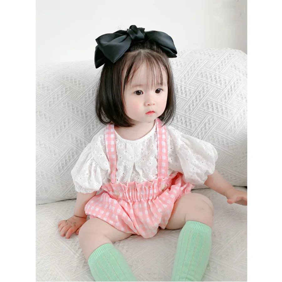 

2022 Best Selling Newborn Set Shorts Shell Button Daisy Top Plaid Suter Toddler Clothing Set