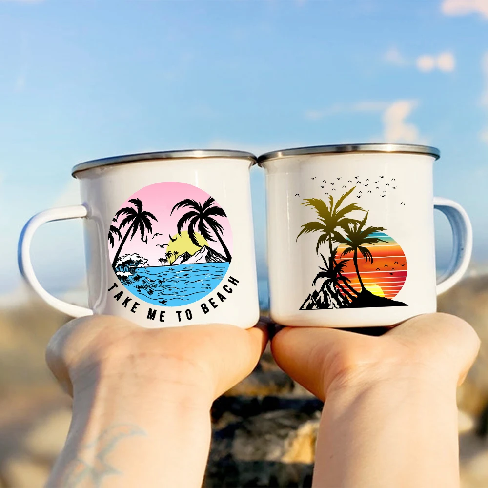 Coconut Tree Printed Camper Mugs Camping Enamel Mug Adventure Summer Beach Camping Cups Drink Beer Juice Cup Gifts for Camper