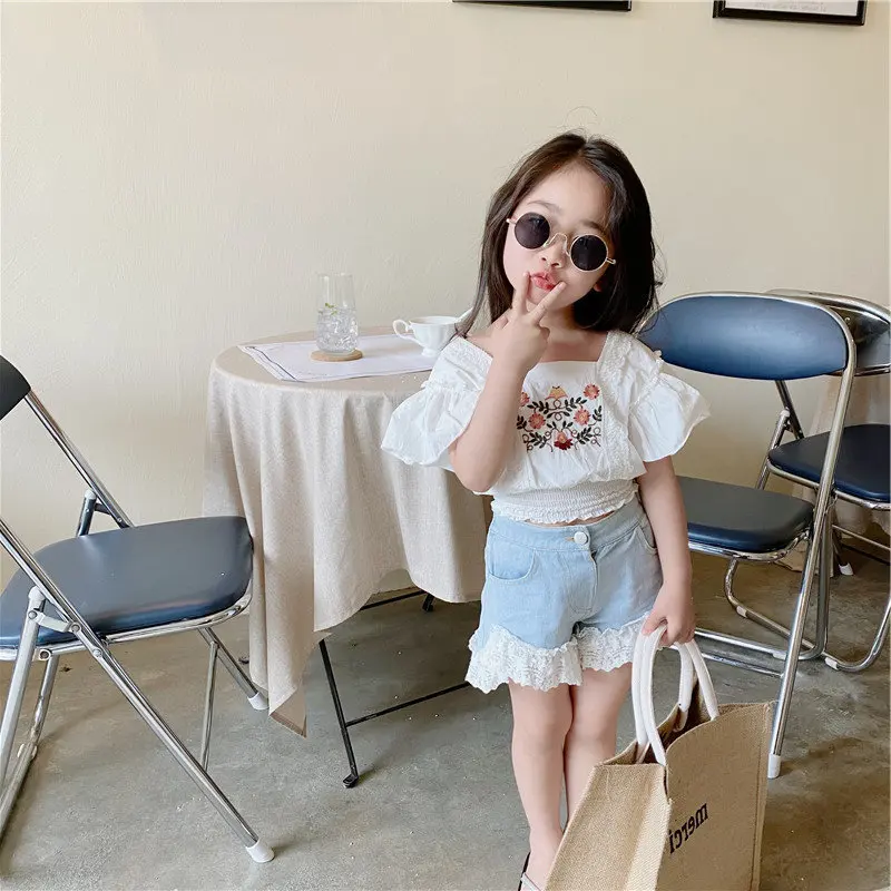 Детские комплекты для девочек Короткие топы с цветочной вышивкой и ковбойские
