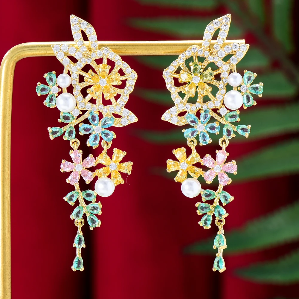 

GODKI, элегантные разноцветные женские офисные серьги с цветком для женщин, для свадебной вечеринки, Дубай, индийские ювелирные изделия, aretes de ...