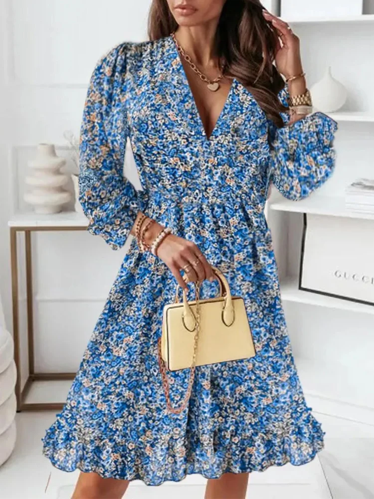 

Летние платья Shein Romwe 2022 для женщин с пышными рукавами и оборками на подоле, шифоновое платье с цветочным принтом, платья, повседневное мини-п...