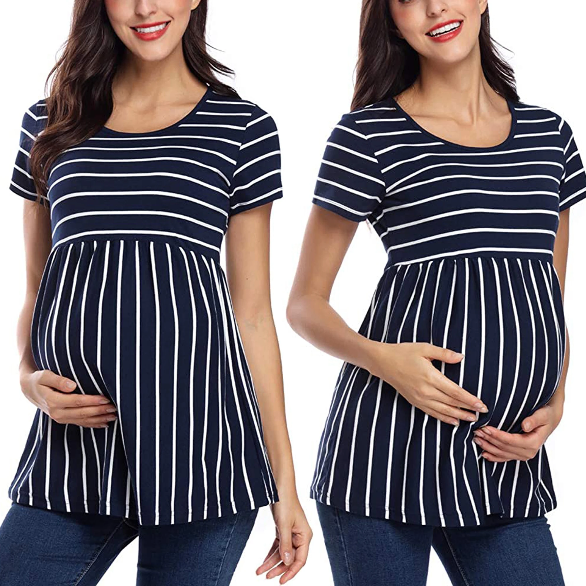 

Womens Maternity Tops Short Sleeve Striped Tunic Casual Pregnancy T-Shirt Maternity Clothes Comfy Flattering Summer Blouses