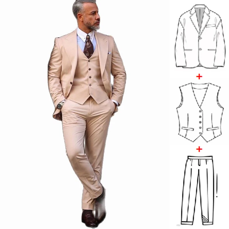 Beige Groom Suits for Men 3 Piece Costume Homme Tailor Made Wedding Tuxedo for Groomsmen (Jacket+Vest+Pants) Men's Fashion Wear
