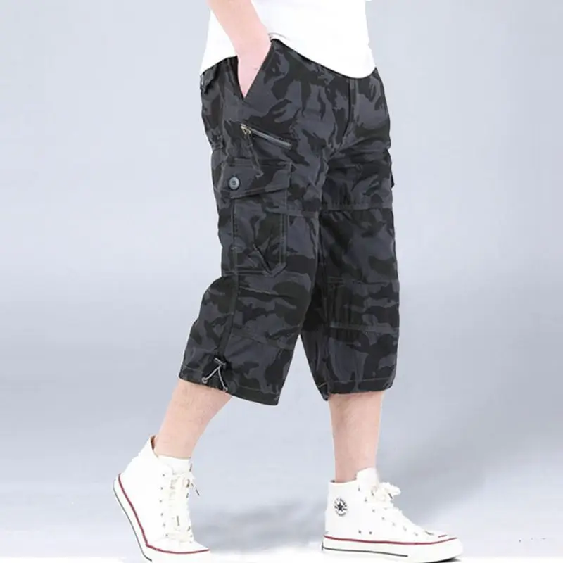 

Men Summer Casual Elastic Multi Pocket Beach Shorts Sport Camouflage Military Cargo Shorts Army Work Capri Cropped Trousers