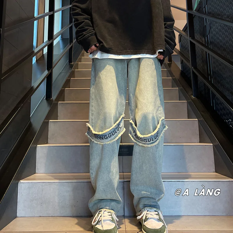

SYUHGFA 2023 Men's Raw Edge Jeans Letter Designer Brand Hip Hop Streetwear Baggy Fashion Denim Pants Harajuku Male Trousers