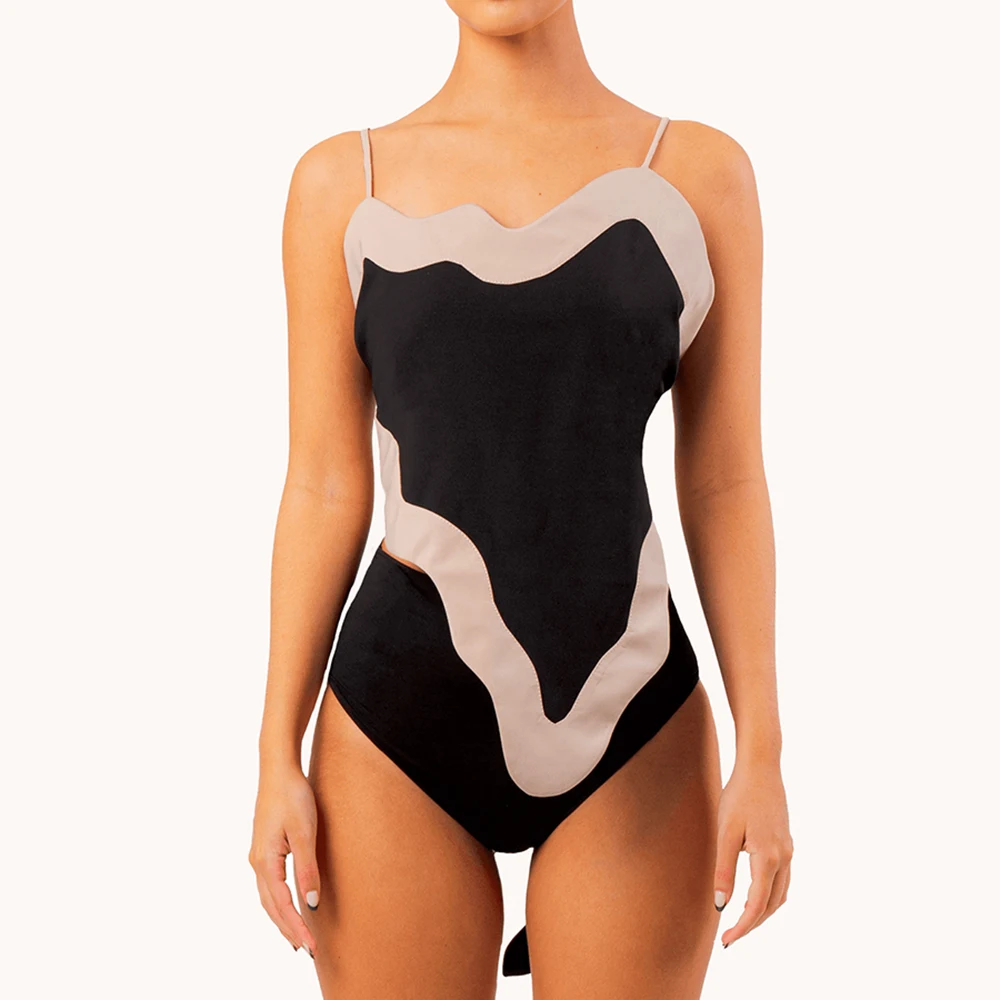 

Irregular Patchwork Fashion Split Swimsuit Suspender Sexy Strap Bikini High Waist Cropped Backless Beachwear Women Push Up Chic