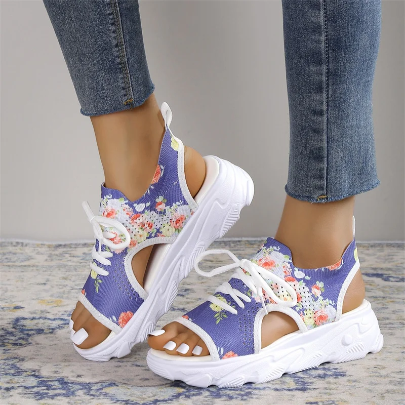 2023 New Summer Women Sandals Mesh Casual Shoes White Thick-Soled Lace-Up Sandalias Open Toe Beach Shoes for Women