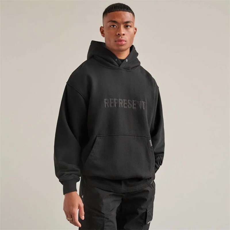 

Men Women 1:1 Best Quality Vintage Represent Hoodie Hooded Overhead Sweatshirts Nice Washed Represent Embroidery Hoodie