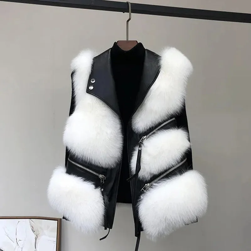 Autumn Winter Sleeveless Short Fox Fur coat Vest Women Vintage Spliced Warm Leather Fur Jacket Vest Female Waistcoat Streetwear