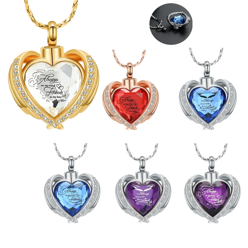 

Engraved Wing Heart Cremation Urn Pendant Necklace For Ashes With Shiny Crystal Stainless Steel Women Wedding Memorial Jewelry